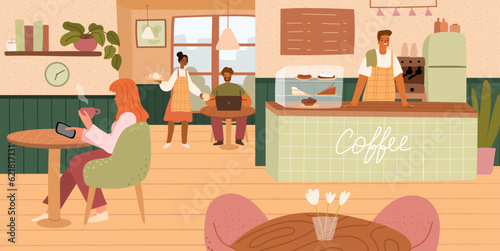 Cafe interior with visitors. Men and women eating and drinking vector cartoon flat concept. People in coffee house interior, friends sitting at table in restaurant, bar counter, waiter and customers