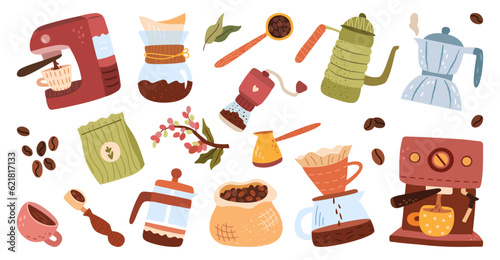 Coffee cute icons in flat cartoon design. Vector cups and pot, sugar, latte and tasty cappuccino. Coffee set of kitchen accessories for making drink. Maker, French press, pot, machine, grinder, grains