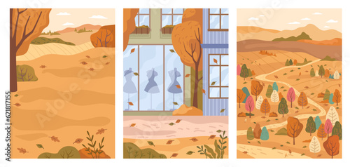 Autumn landscape backgrounds set. Vector nature with falling yellow leaves, shop window with mannequins, rural village, outdoors environment, vector illustration in flat style