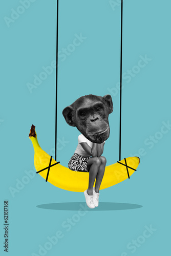 Print op canvas Vertical composite collage illustration of funny surreal monkey primate hanging