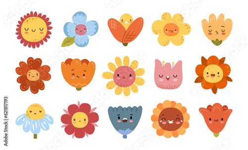 Cartoon flower faces with different emotions isolated icons set. Funny emoticon groovy blossom patches. Cute blooms in trendy retro style  daisy and chamomile  tulip and peony smiling characters
