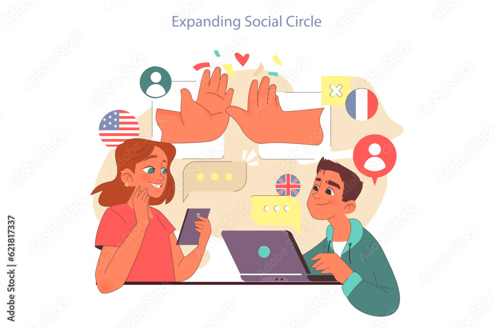 Positive aspect of social networks. Teen characters meeting new friend