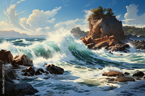 Nature's Masterpiece Unveiled: Behold the Unbounded Energy and Serene Elegance of Ocean Waves Clashing with a Majestic Rocky Shoreline Generative AI