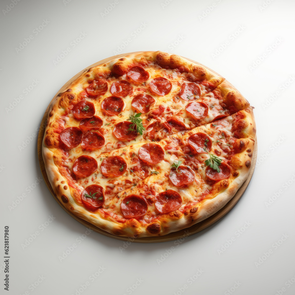 Top view of a pepperoni pizza on a light background. Generative AI