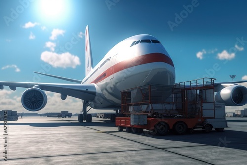 Loading a cargo plane at the airport. A cargo trolley delivering cargo to the jet on the airfield. International freight transport, airmail and logistics concept. 3D illustration.