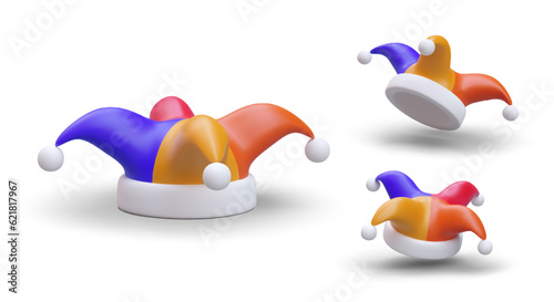 3d jester cap set. Isolated templates with hat in blue, orange and red colors. Poster with white background for toy store concept. Vector clothing mock up in cartoon style