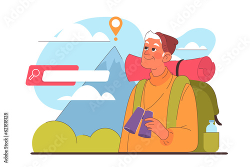 Healthy and active lifestyle. Elder character hiking. Mountain travel