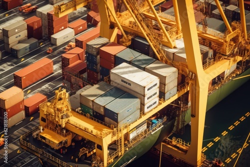 Aerial close up view of a cargo container ship at the pier of cargo seaport. Port cranes stack containers onboard a vessel. Global freight transportation and logistics concept. 3D illustration.