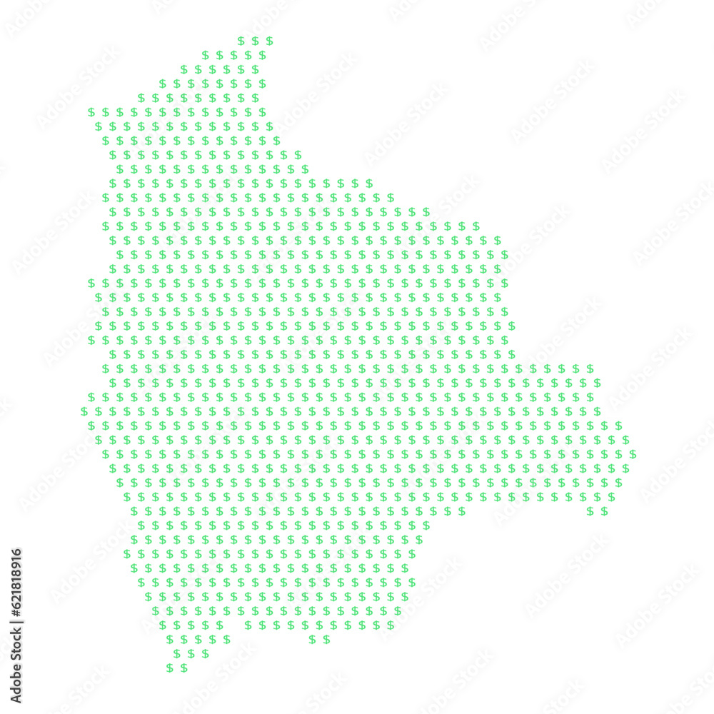 Map of the country of Bolivia with dollar sign icons on a white background