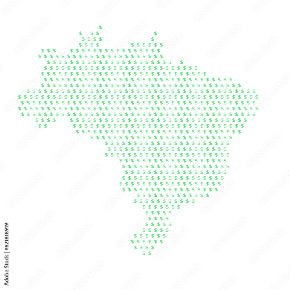Map of the country of Brazil with dollar sign icons on a white background