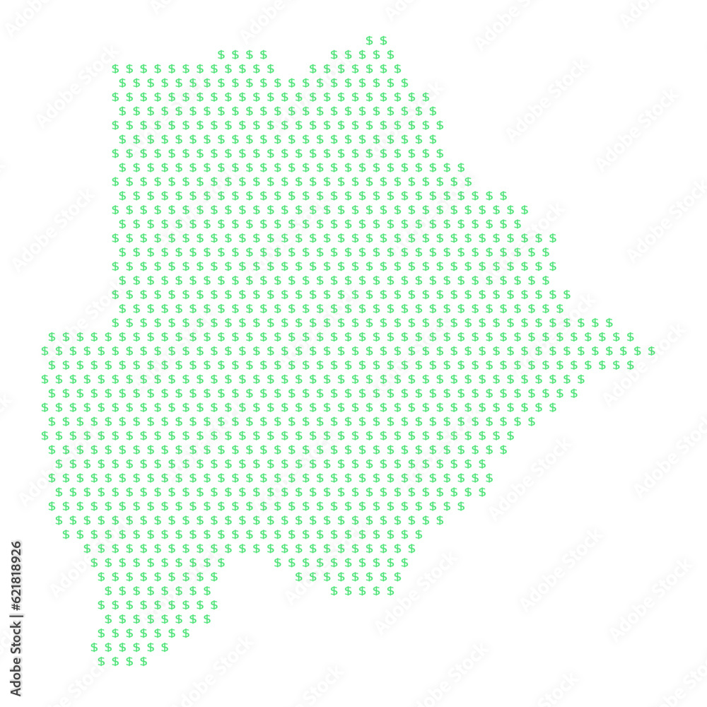 Map of the country of Botswana with dollar sign icons on a white background