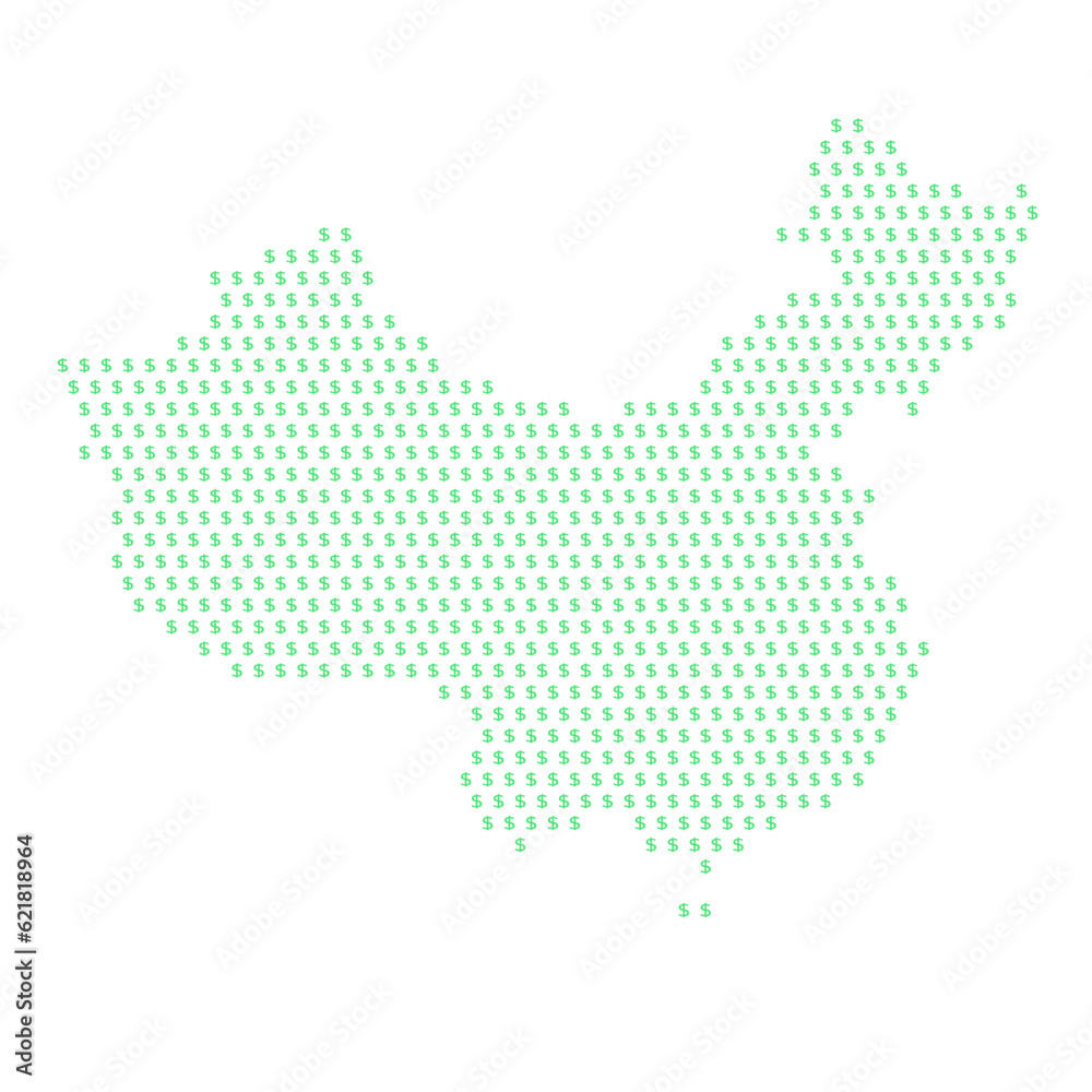 Map of the country of China with dollar sign icons on a white background