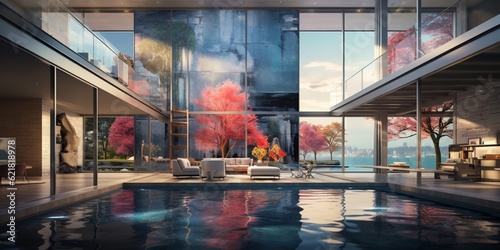 3d rendered living room interior with swiming pool