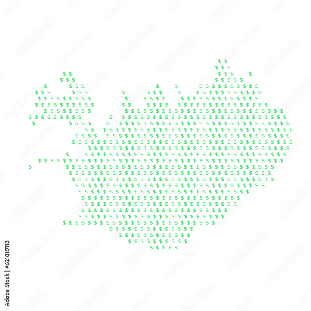 Map of the country of Iceland with dollar sign icons on a white background