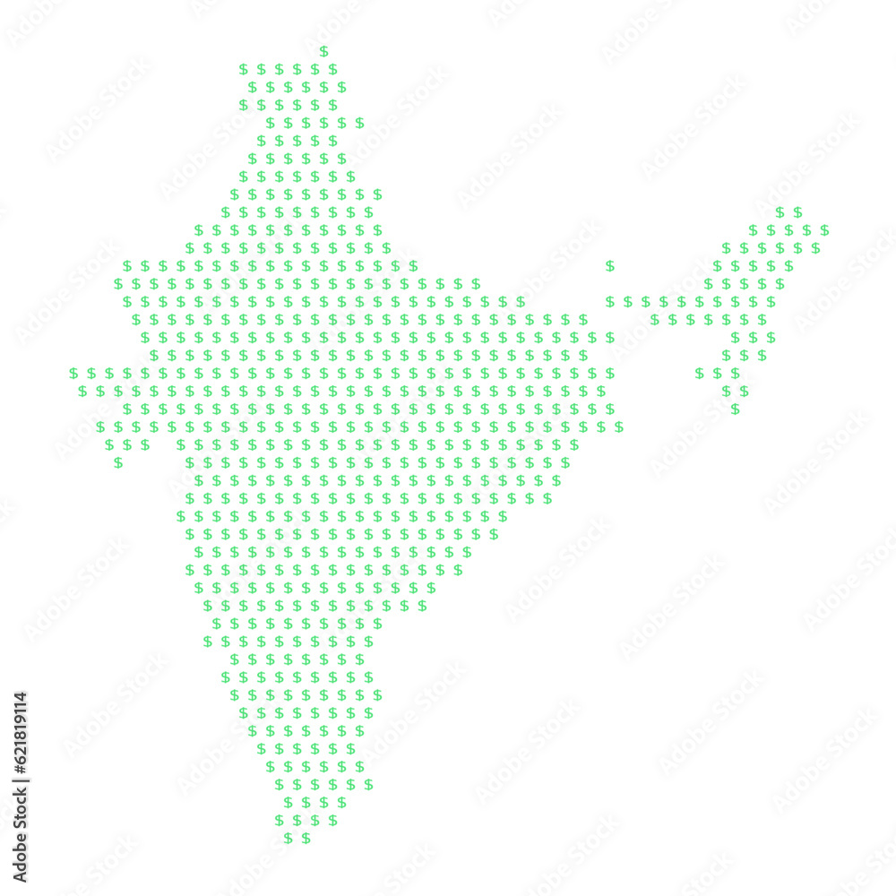 Map of the country of India with dollar sign icons on a white background