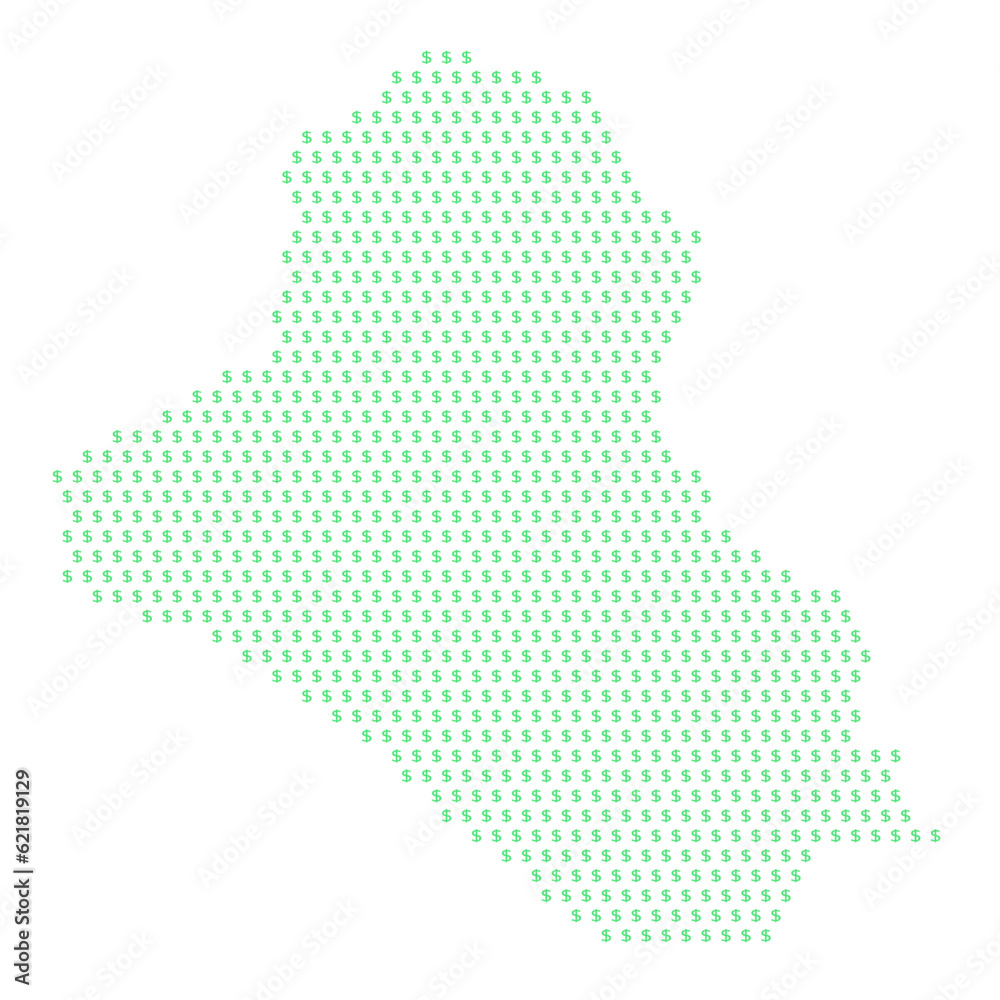 Map of the country of Iraq with dollar sign icons on a white background