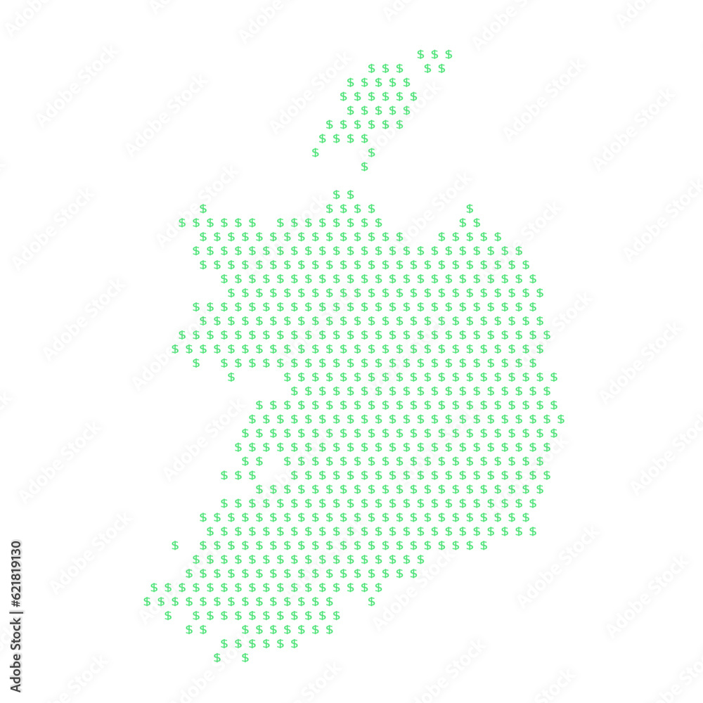 Map of the country of Ireland with dollar sign icons on a white background