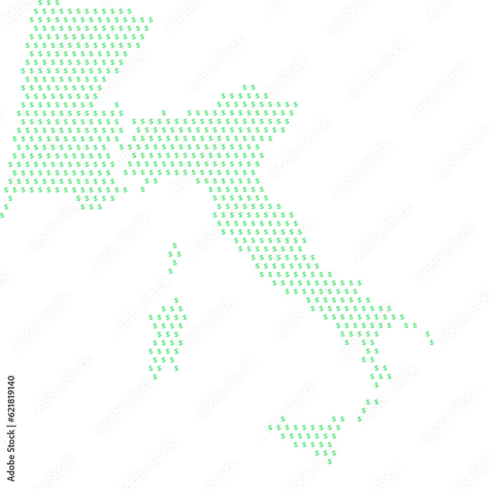 Map of the country of Italy with dollar sign icons on a white background