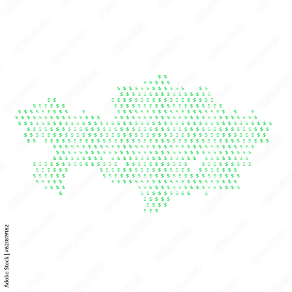 Map of the country of Kazakhstan with dollar sign icons on a white background