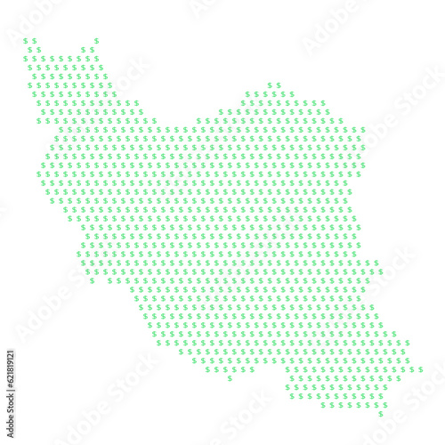 Map of the country of Iran with dollar sign icons on a white background