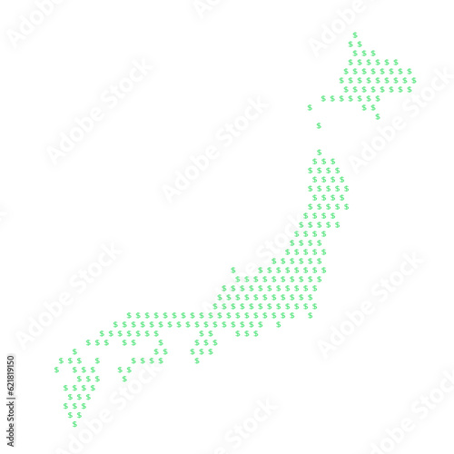 Map of the country of Japan with dollar sign icons on a white background