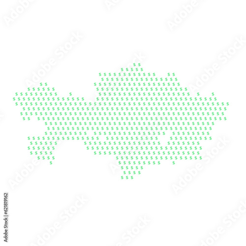 Map of the country of Kazakhstan with dollar sign icons on a white background