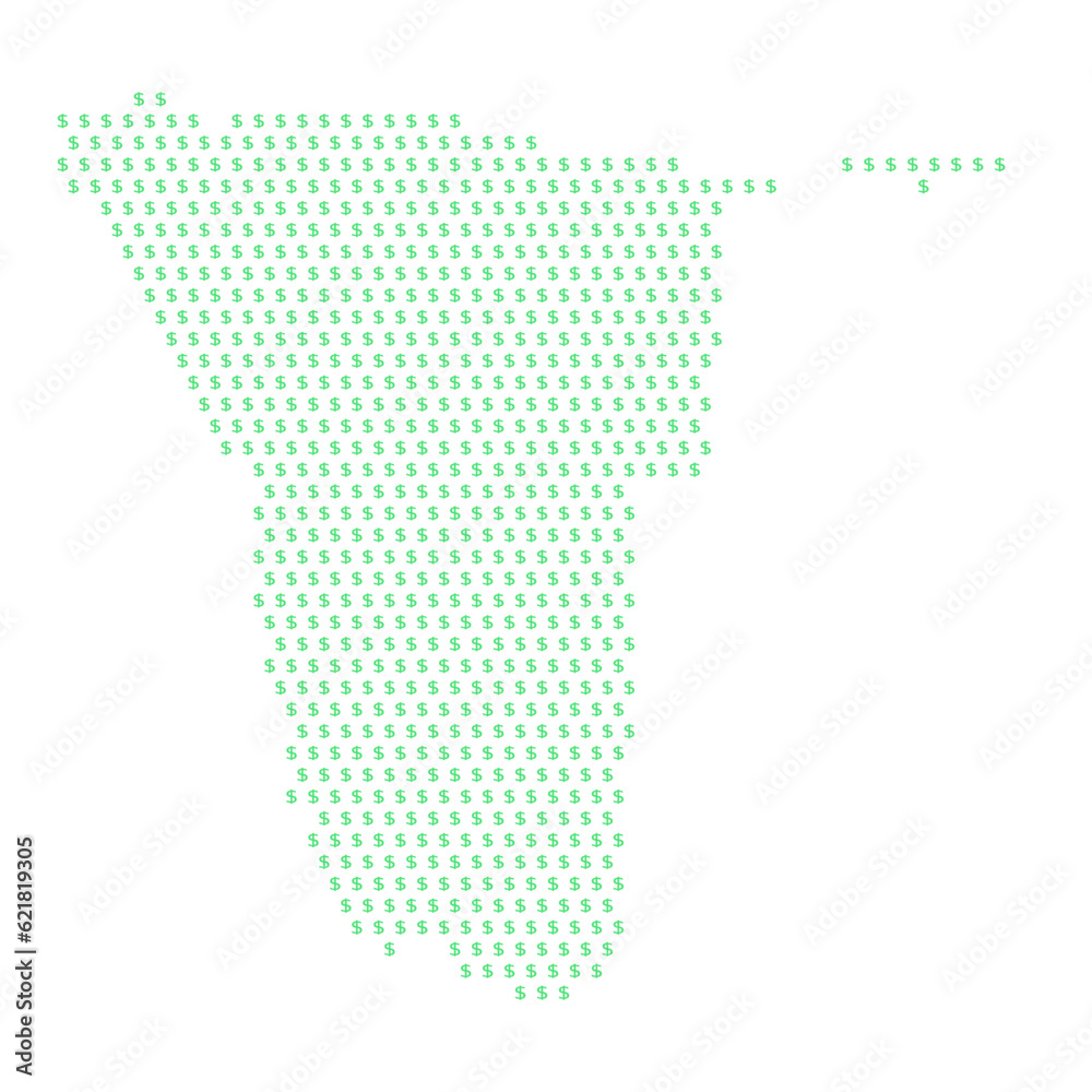 Map of the country of Namibia with dollar sign icons on a white background