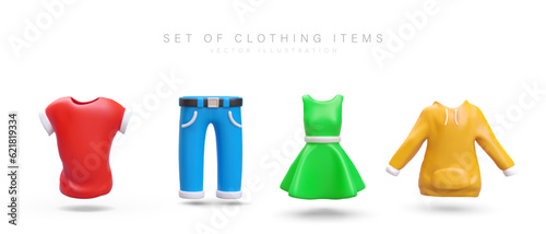 Collection of realistic images of clothes. Red T shirt, blue jeans, green dress, yellow hoodie. Volumetric icons on white background. Thematic illustrations for categories in cartoon style