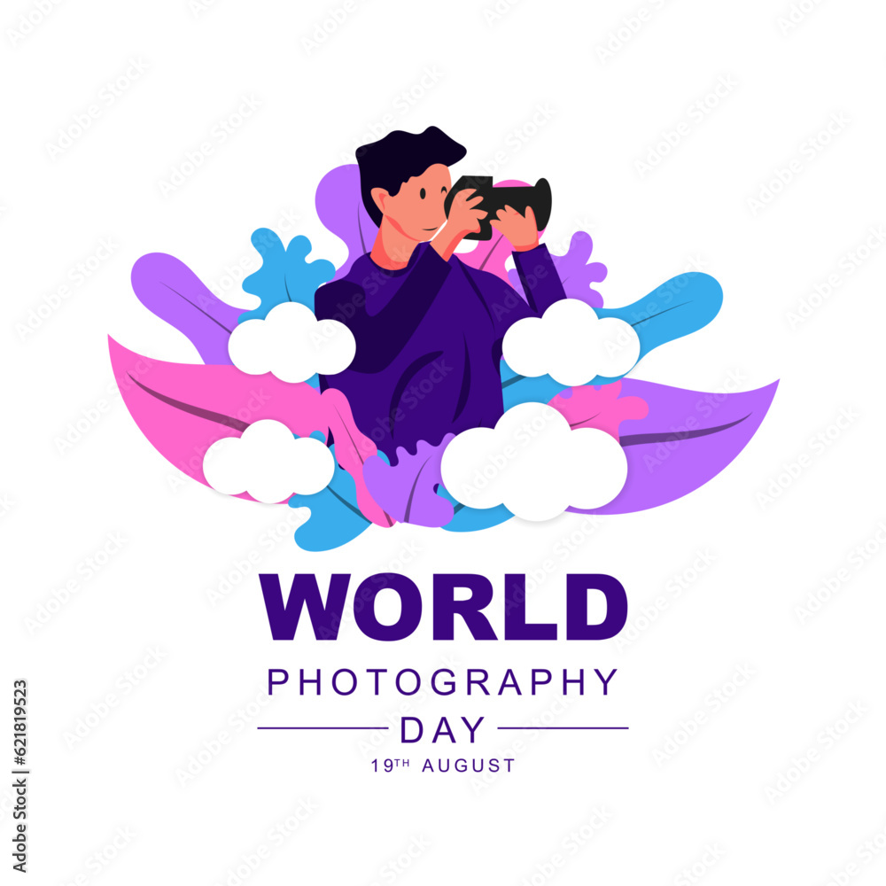 Happy world photography day, on August 19th, flat style greeting card design with colorful leaves. Vector illustration Happy world photography day, on August 19th, flat style greeting card design with colorful leaves. Vector illustration
