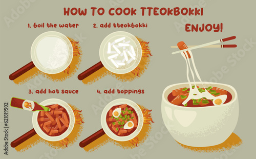 Tteokbokki recipe. Traditional asian street food cooking steps. Korean