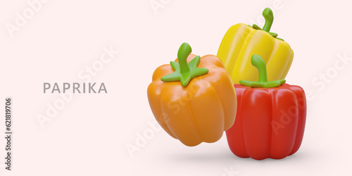 3D red, yellow, orange paprika. Ripe bell pepper. Vegetarian ingredient for summer dishes. Classic and national cuisine. Color poster for seasonal vegetables