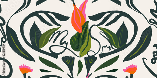 Abstract silhouette exotic botanical shapes print. Hand drawn collage contemporary seamless pattern. Sign "My small garden".