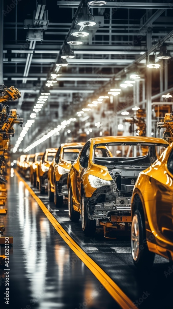 Futuristic electric cars at a factory with copy space. Generative AI