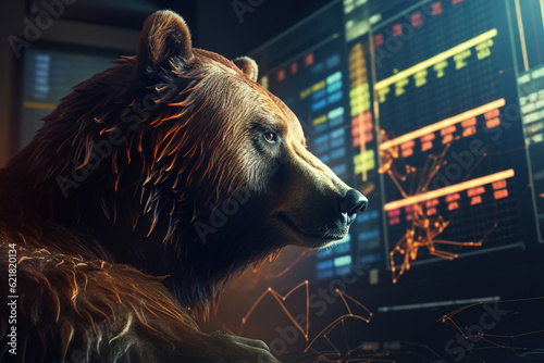 Bear financial market concept. Close-up animal bear analyzing stock exchange chart, investment and trading