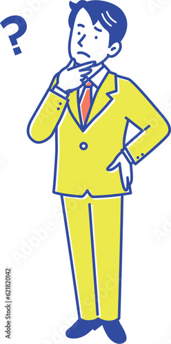立って考え事をしているスーツ姿の男性　全身イラスト