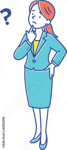 立って考え事をしているスーツ姿の女性　全身イラスト