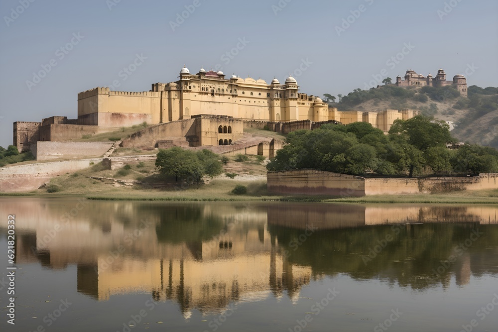 Historic Amber Fort in Jaipur, India, with the intricate architecture, sprawling courtyards, and scenic landscape visible in the background - Generative AI