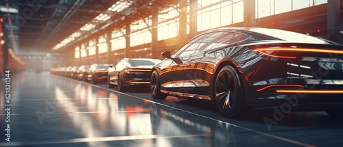 Futuristic electric cars at a factory with copy space. Generative AI © ColdFire