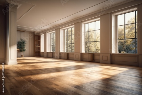 Empty room that is not furnished and has beige walls  a parquet floor  a white plinth  a large window that spans the entire wall in the middle  and two windows on the right. on a Window with a Work Pa