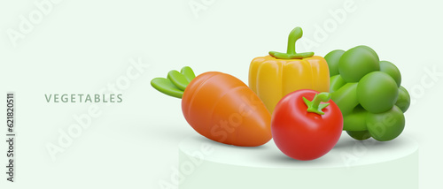 Realistic colored vegetables. Carrot, broccoli, tomato, paprika. Vegetarian ingredients. Cute vector illustration with place for text. Idea for grocery store, vegan menu