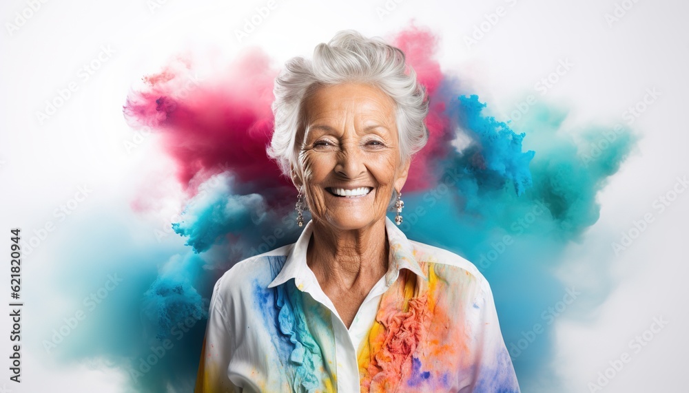 Happy old woman smiling in a cloud of colorful smoke, color explosion, holi, age-positivity, against ageism, having fun, over 50, colors, party, peace, inclusive, freedom. Generative AI.