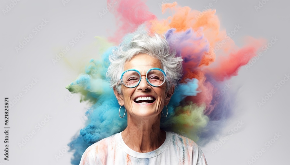 Happy old woman smiling in a cloud of colorful smoke, color explosion, holi, age-positivity, against ageism, having fun, over 50, colors, party, peace, inclusive, freedom. Generative AI.