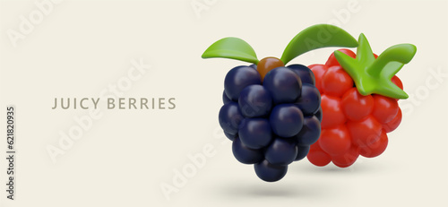 Juicy berries. Colored 3D blackberries and raspberries. Natural gifts of summer. Poster in cartoon style. Concept for grocery stores, sellers of wild berries. Eco products