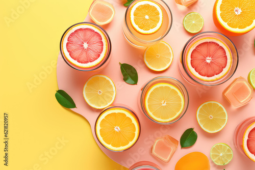 Top view of summer citrus cold drinks with citrus juice, orange slices, ice cubes, mint isolated on yellow background with copy space. Summer refreshment time concept. Generative AI photo imitation.