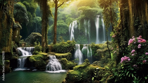 Serene Cascading Waters in Lush Green Forest