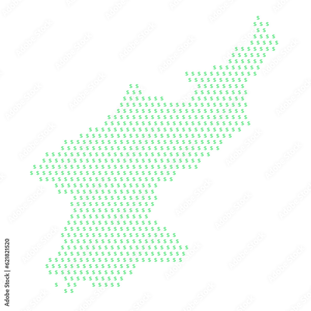 Map of the country of North Korea with dollar sign icons on a white background