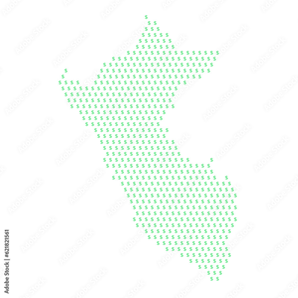 Map of the country of Peru with dollar sign icons on a white background