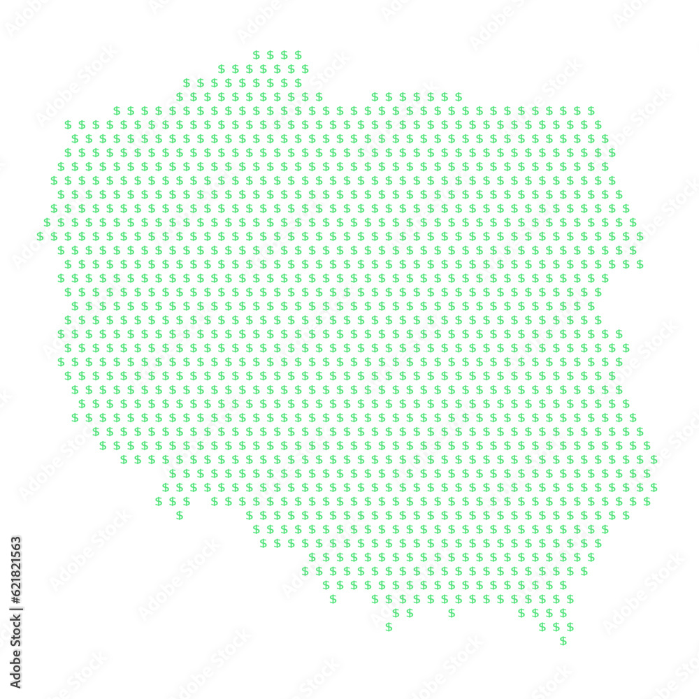 Map of the country of Poland with dollar sign icons on a white background