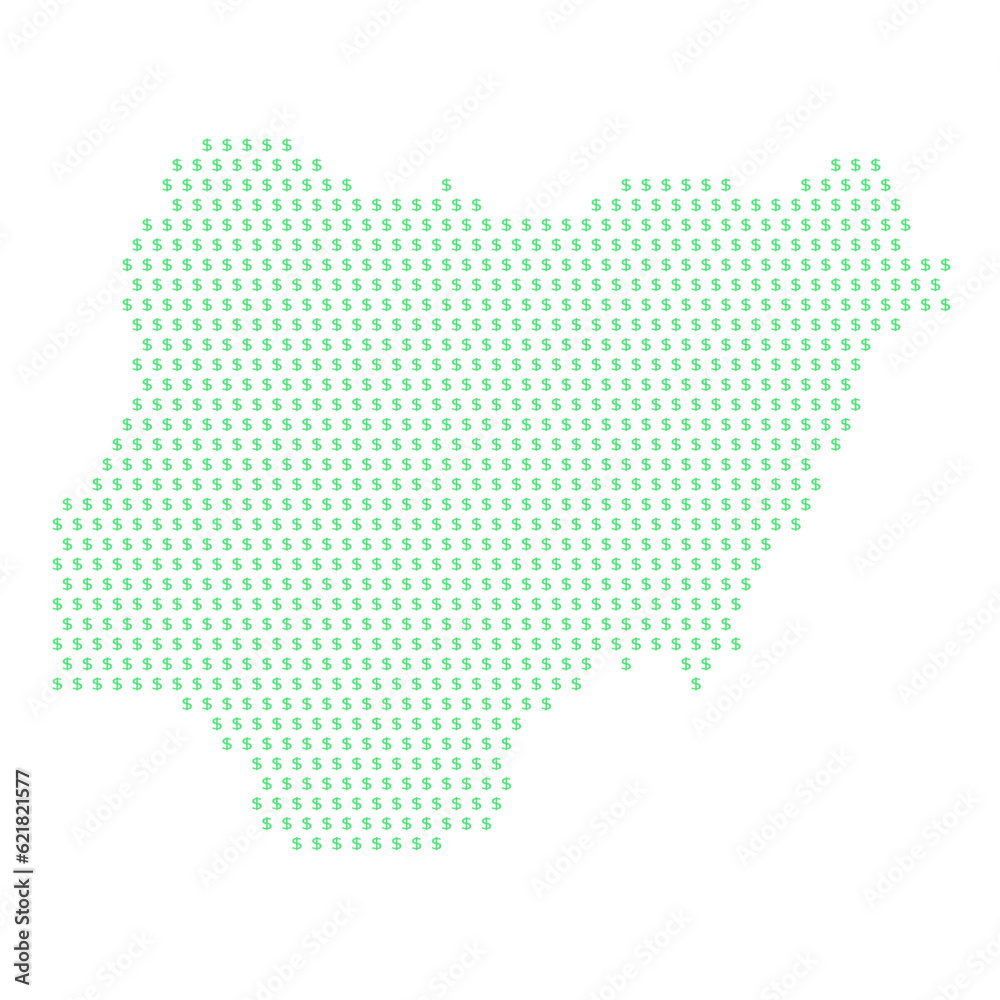 Map of the country of Nigeria with dollar sign icons on a white background