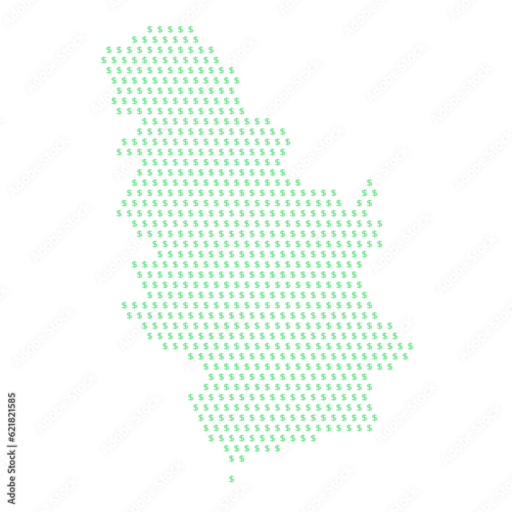 Map of the country of Republic of Serbia with dollar sign icons on a white background
